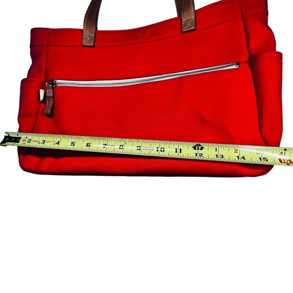 Fossil Coated Canvas Small Tote Bag Hand Bag Purse Pockets Orange Leather Straps - Picture 12 of 13